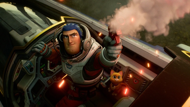 Buzz Lightyear and Sox in Lightyear. Courtesy of Disney,