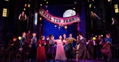 This image released by Polk & Co. shows Beanie Feldstein, center, with the cast during a performance of "Funny Girl." (Matthew Murphy/Polk & Co. via AP)