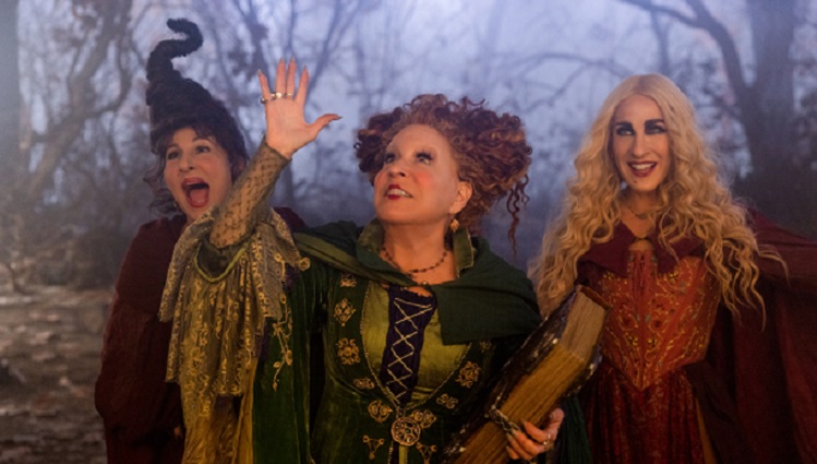 Kathy Najimy as Mary Sanderson, Bette Midler as Winifred Sanderson, and Sarah Jessica Parker as Sarah Sanderson in Disney's live-action Hocus Pocus 2, exclusively on Disney+. Photo by Matt Kennedy. Courtesy of Disney.