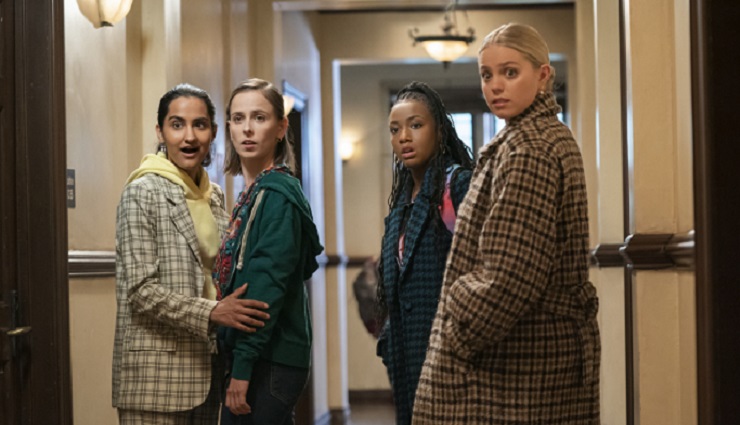 Amrit Kaur, Pauline Chalamet, Alyah Chanelle Scott, and Reneé Rapp in Sex Lives of College Girls. Courtesy of HBO Max